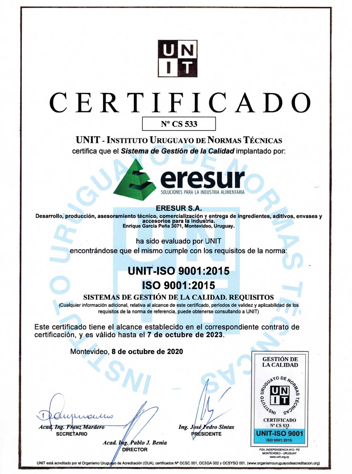 UNIT ISO9001 / 2015 quality certified.